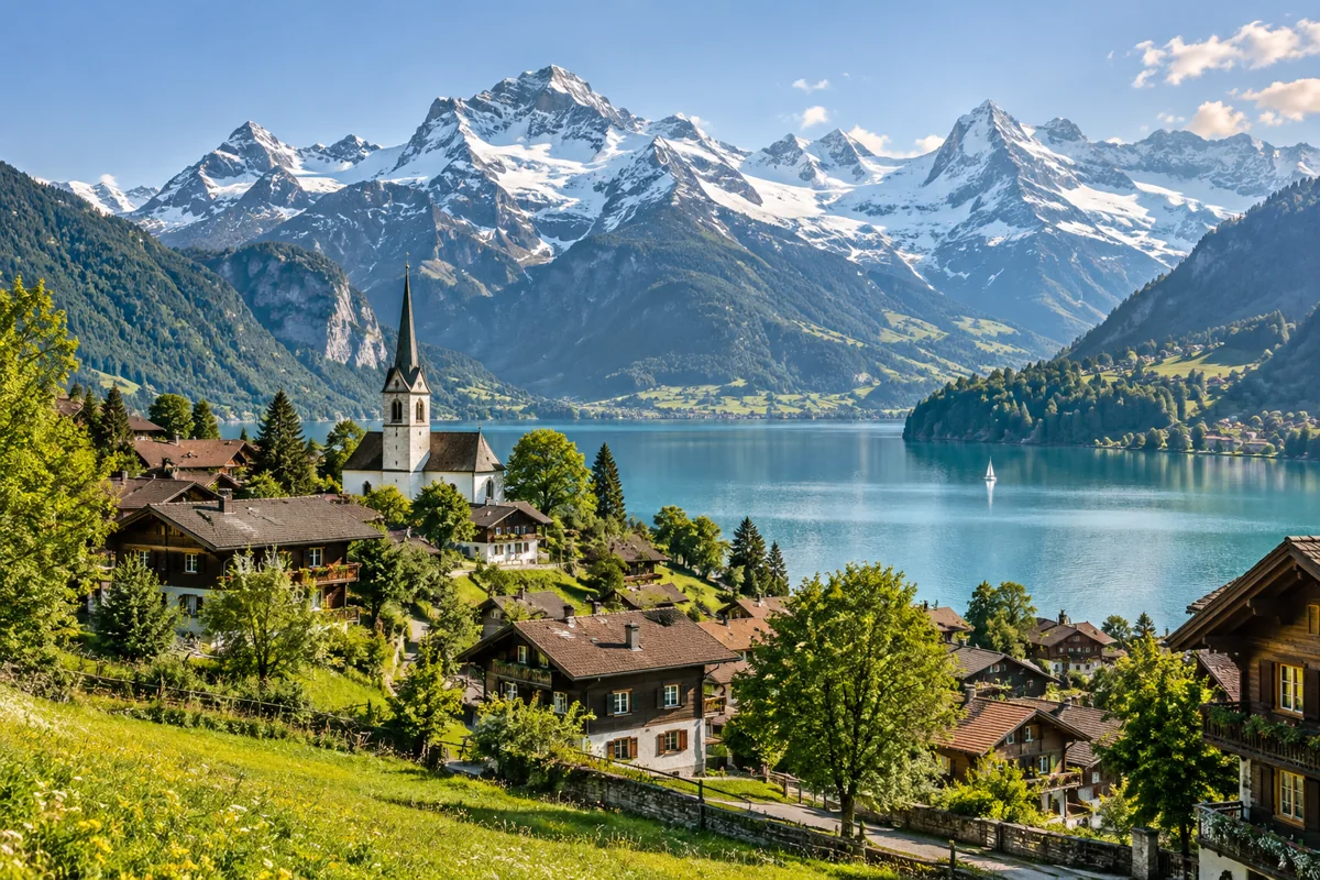 Swiss alpine lake, mountains and traditional chalets