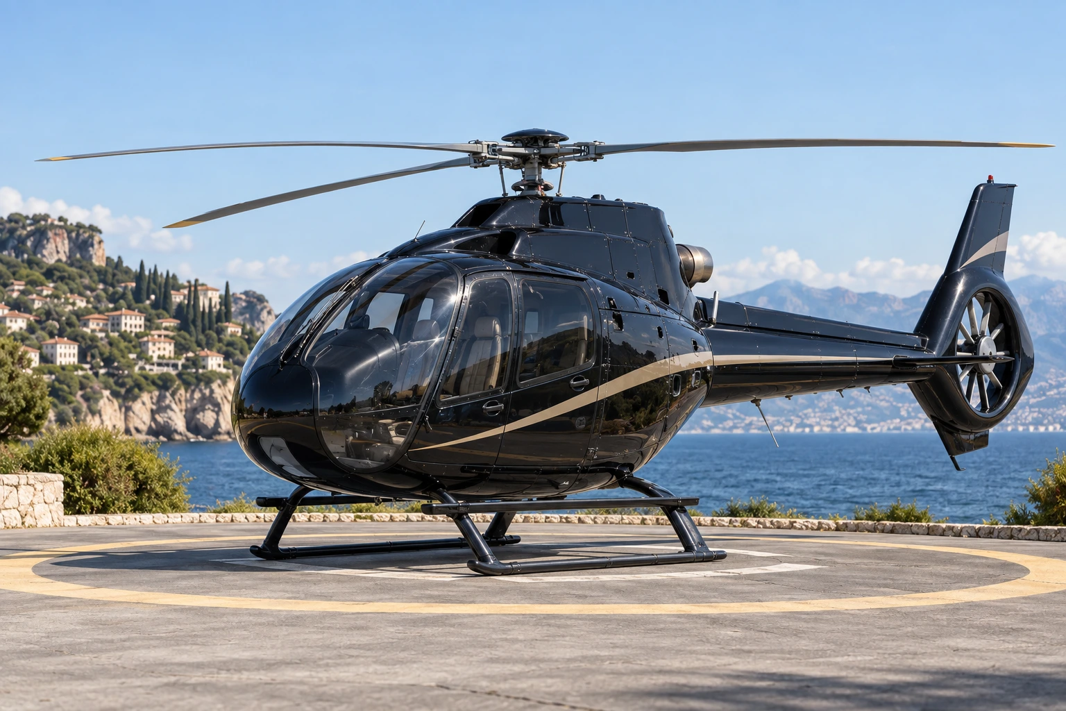 Black helicopter with champagne stripe on a coastal helipad, illustration