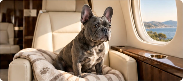 Grey French bulldog in a private jet cabin, illustration