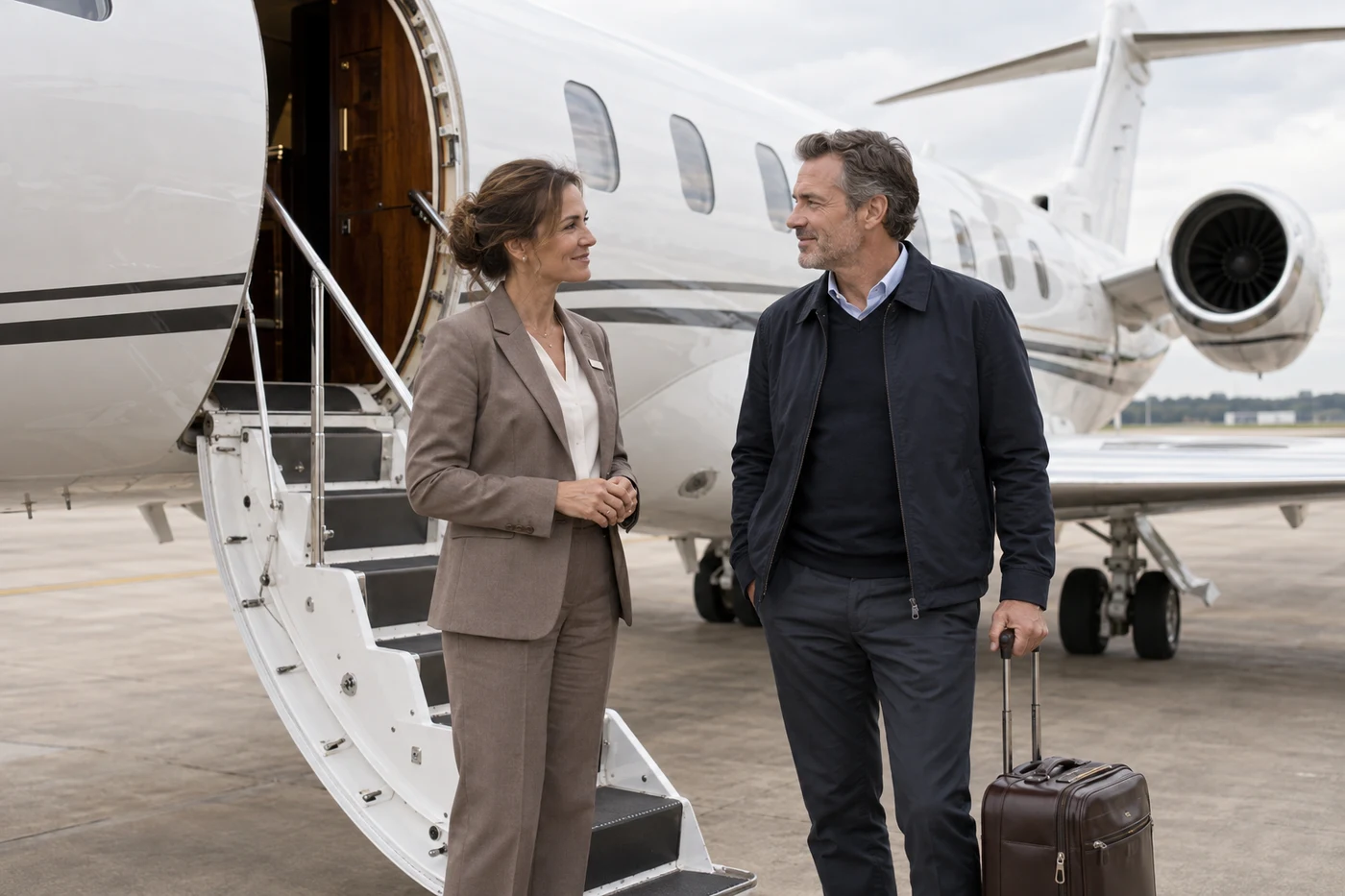 Passenger welcomed beside a private jet, illustration